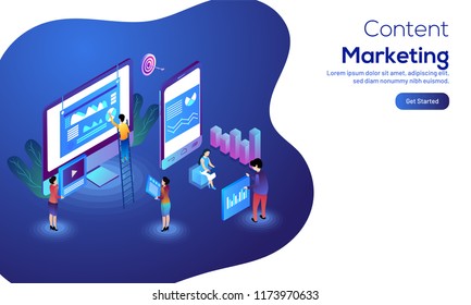 Content Marketing concept with isometric desktop, smartphone, people working together with infographic element on abstract background for responsive web banner design.
