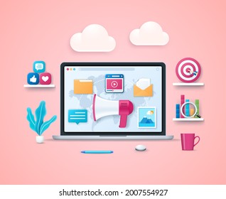 Content marketing concept. Laptop with megaphone, bubble speach, folder, video player window, email on screen. Digital advertising, website marketing, social media marketing. Web vector illustration i