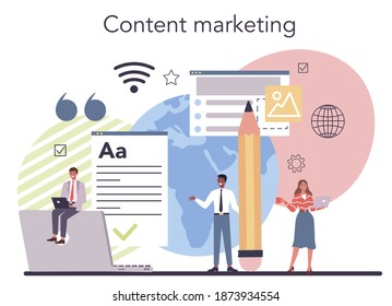 Concepto de marketing de contenido. Conseguir contenido viral y receptivo para el desarrollo empresarial. Idea de estrategia de promoción y comunicación con el cliente. Ilustración vectorial plana aislada
