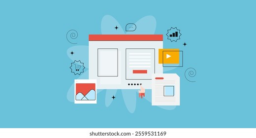 Content marketing concept, Content promotion through blogging, Social media and search optimization, Website content optimization - vector illustration background with icons