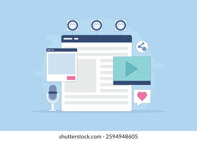 Content Marketing Concept that attracts audience, Various content marketing strategies, Viral content that attracts audience. Podcast, video and text content. Flat vector illustration.