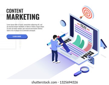 Content marketing concept. User holds the pen with both hands and writes. Web banner, infographics. Isometric vector illustration.