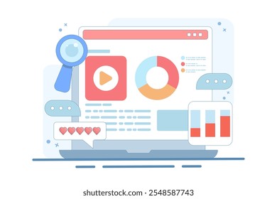 Conceito de marketing de conteúdo, Análise de desempenho de conteúdo de site, Estratégia de marketing digital, SEO, Mídia social, Análise de dados. Ilustração vetorial no plano de fundo.