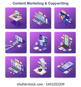 Content marketing & copywriting isometric concept icons set. Inbound digital marketing. PR campaign, online promotion. Advertising text writing. Copywriters, marketers, bloggers creating content