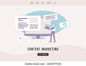 Content marketing - creating content to drive more traffic and conversions from targeted audiences for blog, articles, media. SEO content marketing strategy vector business landing page template