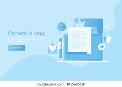Content marketing, Content creation, content is king - flat design landing page conceptual template for digital marketing
