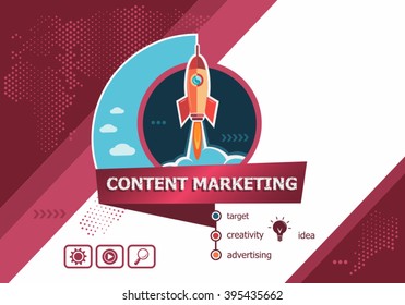 Content marketing design concepts for business analysis, planning, consulting, team work, project management. Content marketing concept on background with rocket. 