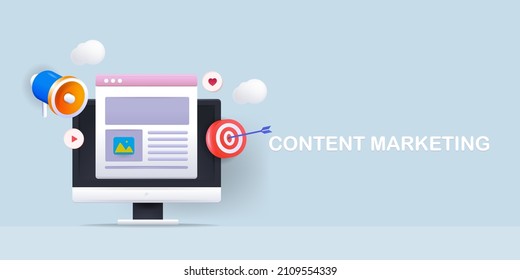 Marketing de contenido, marketing digital, promoción de sitios web, estrategia de contenido - Ilustración vectorial de 3d con iconos