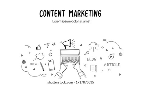 Content marketing doodle elements hand drawn vector banner. Doodle icons of laptop, marketing, cloud storage, like, idea, mobile, send , note etc.