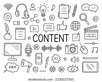 Conjunto de doodles de marketing de contenido. Marketing digital, creador de contenidos, blogueo y medios sociales en forma de boceto. Ilustración vectorial dibujada a mano aislada en fondo blanco