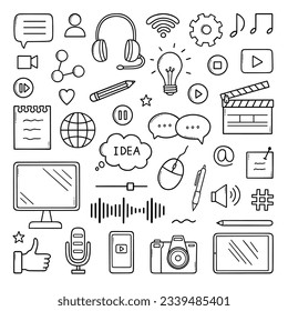 Conjunto de doodles de marketing de contenido. Marketing digital, creador de contenidos, blogueo y medios sociales en forma de boceto. Ilustración vectorial dibujada a mano aislada en fondo blanco