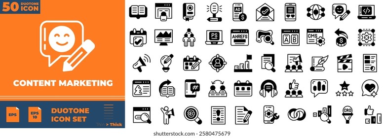 Content Marketing Duotone Editable Icons set. Vector illustration in modern thin duotone style of content marketing icons: market, media, website, etc