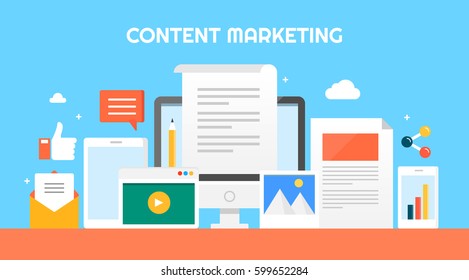 Content Marketing Flat vector illustration, Types of content for on-line advertising and promotion, content distributing through digital devices with icons and elements