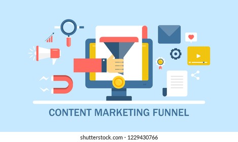 Content marketing funnel, content optimization, landing page seo flat vector banner