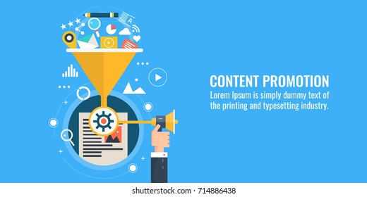 Content marketing funnel, content promotion, digital advertising, hand with megaphone flat vector banner with icons isolated on blue background