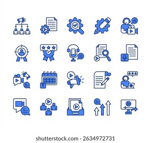 Content marketing icon collection set. Containing idea, storytelling, writing schedule, review, writing, food article, management icon. Simple line vector.	