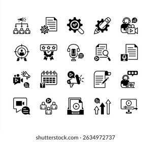 Content marketing icon collection set. Containing idea, storytelling, writing schedule, review, writing, food article, management icon. Simple flat vector.	