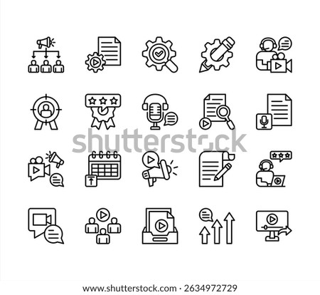 Content marketing icon collection set. Containing idea, storytelling, writing schedule, review, writing, food article, management icon. Simple line vector.	