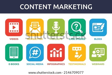Content Marketing icon set. Containing video, newsletter, podcasts, case studio, blogs, e-book, social media, infographic, testimonials and webinars.