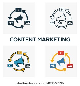 Content Marketing icon set. Four elements in diferent styles from content icons collection. Creative content marketing icons filled, outline, colored and flat symbols.