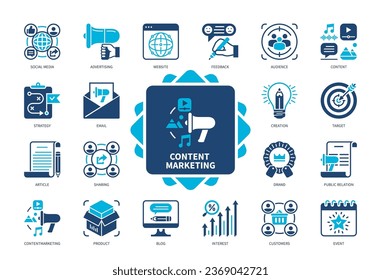 Content Marketing icon set. Website, Sharing, Advertising, Feedback, Strategy, Audience, Content, Social Media. Duotone color solid icons