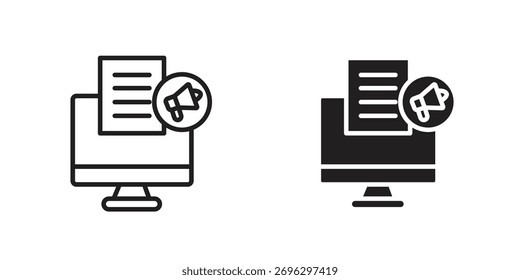 Icono de marketing de contenido en trazo delgado y estilo plano.