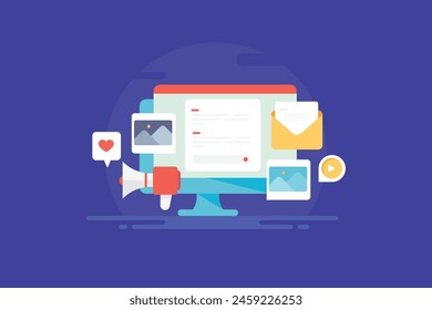 Content marketing idea, Distributing content on social media, search engine and email marketing, Branded content promotion - vector illustration with icons