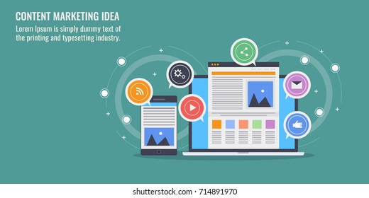 Content marketing idea, content promotion, article marketing flat vector banner illustration with icons isolated on green background