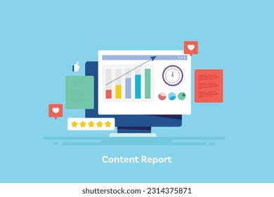 Content marketing increasing website traffic, Website content analysis. Growth in website traffic. SEO report management - vector illustration with icons