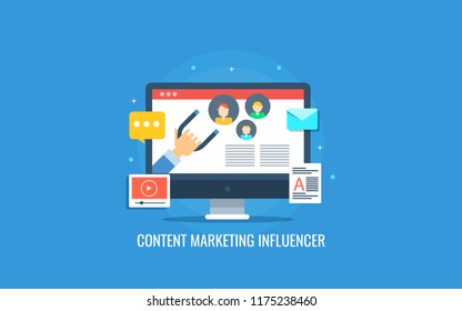 Content marketing influencer, digital content sharing, social networking flat design concept with icons