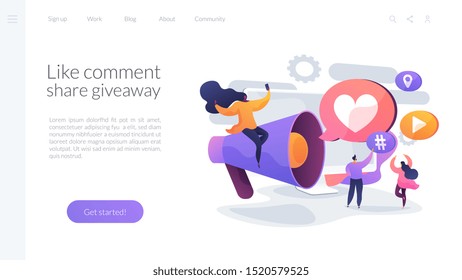 Content marketing, internet advertising business, customer attraction. Like comment share giveaway, social networks promotion, like farming concept. Website homepage header landing web page template.