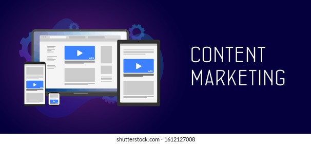 Content Marketing Internet blogging and SMM strategy advertising concept. Different size mobile gadgets with native ads. Header and footer vector banner template with text isolated on dark background