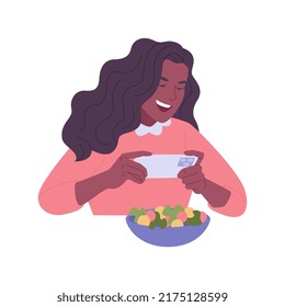 Content marketing isolated cartoon vector illustrations. Blogger taking food photos in a restaurant using smartphone, content creation, creative hobby, attract attention vector cartoon.