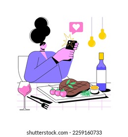 Content marketing isolated cartoon vector illustrations. Blogger taking food photos in a restaurant using smartphone, content creation, creative hobby, attract attention vector cartoon.