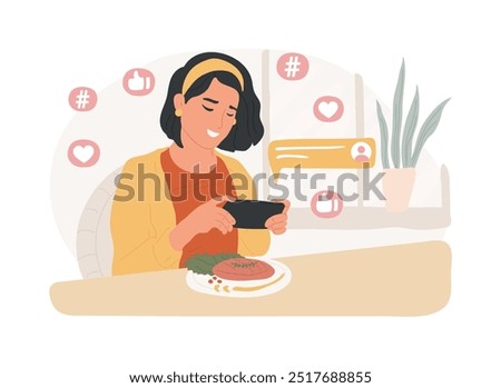 Content marketing isolated cartoon vector illustrations. Blogger taking food photos in a restaurant using smartphone, content creation, creative hobby, attract attention vector cartoon.