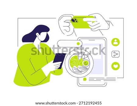 Content marketing isolated cartoon vector illustrations. Blogger taking food photos in a restaurant using smartphone, content creation, creative hobby, attract attention vector cartoon.