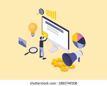 Content marketing isometric vector concept. Man adjusting content marketing on computer monitor