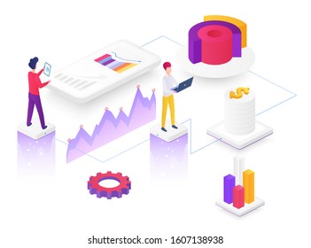 Content marketing isometric vector illustration. Business strategy planning. Infographic overview. Team research. Information distribution. E-commerce and finance. SMM cartoon conceptual design