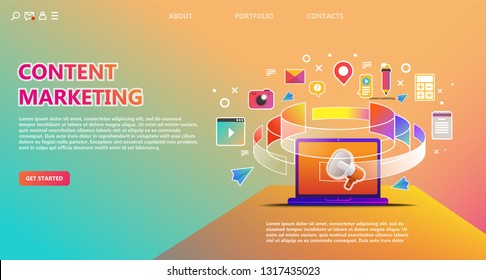 Content marketing landing page. Abstract illustration of content icons on computer screen - vector