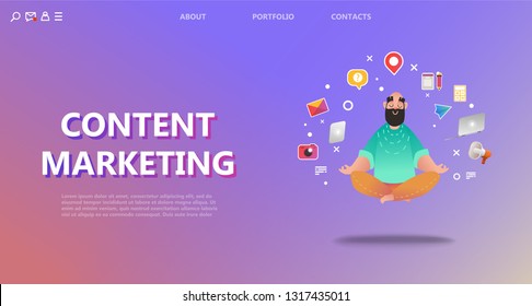 Content marketing landing page. Happy man in yoga pose, abstract color icons. Vector illustration for web page template