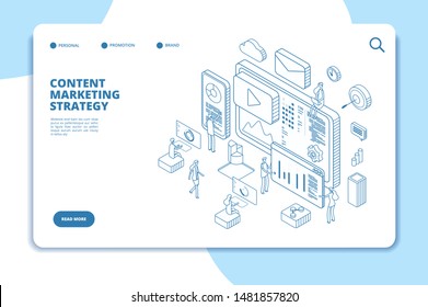 Content marketing landing page. Online contents creation specialist, video marketers and writers. B2b service line isometric concept