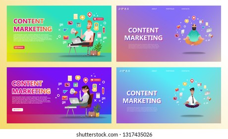 Content Marketing Landing Page Set. Abstract Illustration Of Content Icons Around Professional - Vector