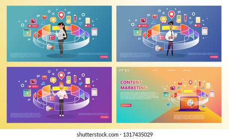 Content marketing landing page set. Abstract illustration of content icons around professional - vector