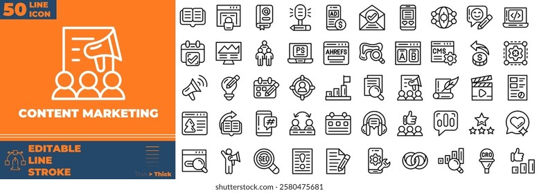 Content Marketing Line Editable Icons set. Vector illustration in modern thin line style of content marketing icons: market, media, website, etc