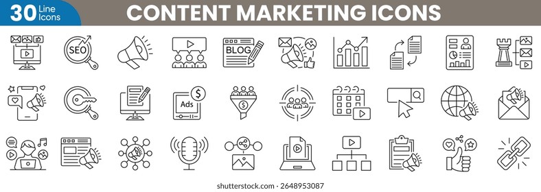 Conjunto de ícones editáveis da linha de marketing de conteúdo. Estratégia de conteúdo, postagem de blog, SEO, palavra-chave, público-alvo, análise, calendário, mídias sociais, marketing por e-mail e muito mais. Ilustração vetorial