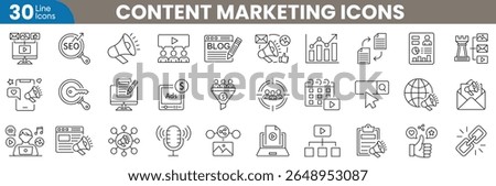 Content marketing line editable icons set. Content strategy, blog post, SEO, keyword, target audience, analytics, calendar, social media, email marketing and more. Vector illustration