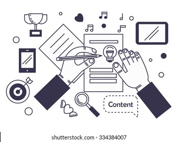 Content and marketing  in line flat design . Vector illustration . Apply to website , book cover , poster ,  infographics .