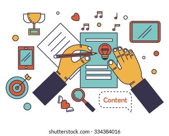 Content and marketing  in line flat design . Vector illustration . Apply to website , book cover , poster ,  infographics .