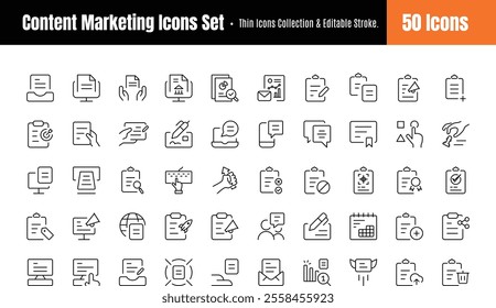 Content Marketing line Icons Collection Set Of 50. Regular Icons Pack. Vector illustration eps 8