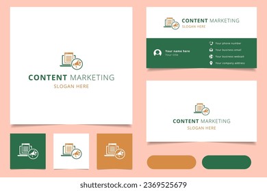 Diseño del logotipo de marketing de contenido con eslogan editable. Libro de promoción de marca y plantilla de tarjeta de visita.